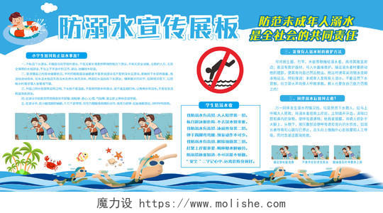 卡通暑假安全防溺水小学生儿童户外安全知识教育展板